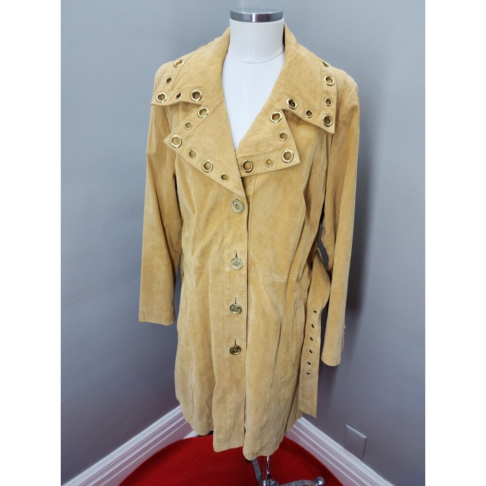 Y2K Bradley Bayou Butter Yellow-Tan Suede Trench Coat Floral Lined - XL - Picture 7 of 10